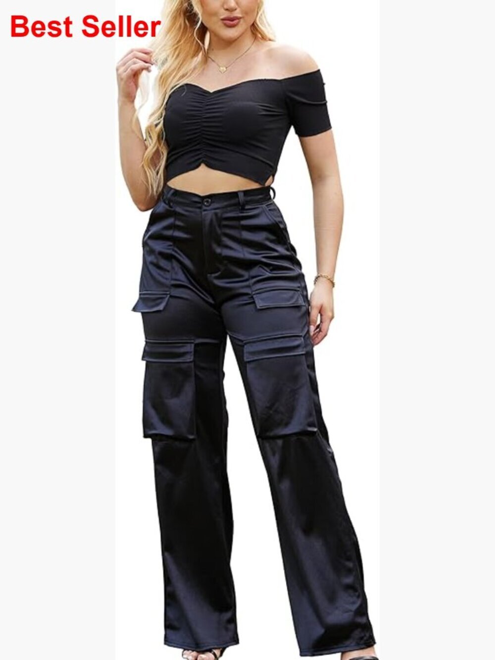High Waisted Satin Cargo Pants Loose Fit Wide Leg Trousers
